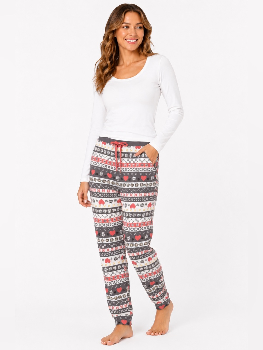Layla Women’s Very Soft Coral & Grey Fair Isle Print Pajama Pants Size Large